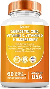 Quercetin 50 mg Ψευδάργυρος 1000 mg Βιταμίνη C 5000 IU Βιταμίνη D3 1000 mg Turmeric 1000 mg Elderberry με Q- Defend Immune Blend Reisshi Nettle Arteemisinin, Non- GMO, Mineral Supplements,60 Caps