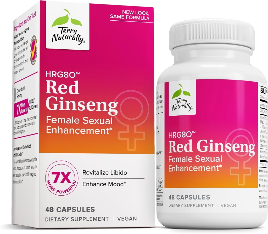 Terry Φυσικά HRG80 Red Ginseng Γυναίκα Σεξουαλική Ενίσχυση - Συμπλήρωμα διατροφής για την κυκλοφορία, την αντοχή και την ενεργειακή υποστήριξη - Υποστήριξη ζωτικότητας με Ashwagandha, Red Ginseng & ψευδάργυρο - 48 κάψουλες
