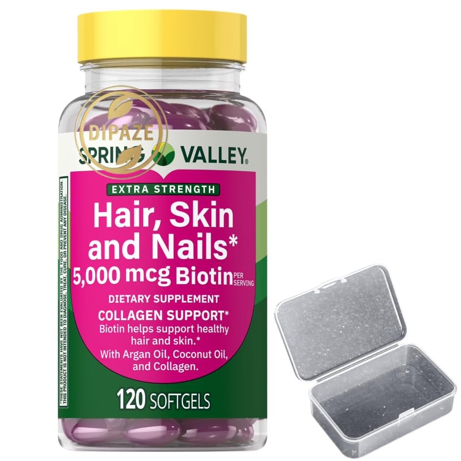 Extra Strength Hair, Skin & Nails Biotin, 5000 mcg per Serving with Argain Oil, Coconut Oil and Collagen, 120 Capsules + Dipaze Gift (Container)