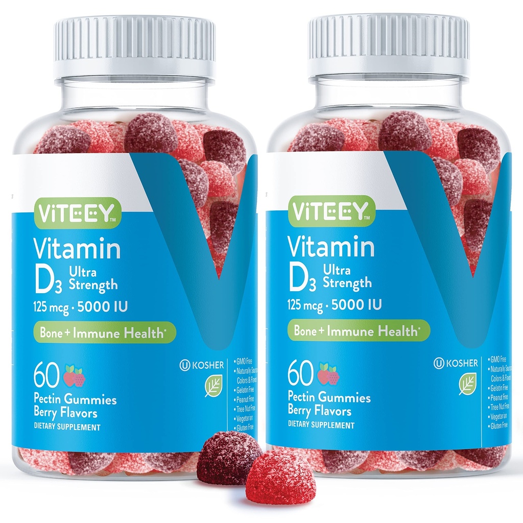 Viteey Vitamin D3 Gummies for Adults & Teens - 5.000 IU, 125mcg, Ultra Strength - Κοινή & Μυική Υγεία, Ανοσοποιητική Ενίσχυση - Μασώμενη Βιταμίνη D Gummies - Χορτοφαγική, Ζελατίνη Δωρεάν - Νόστιμο μούρο Γεύση