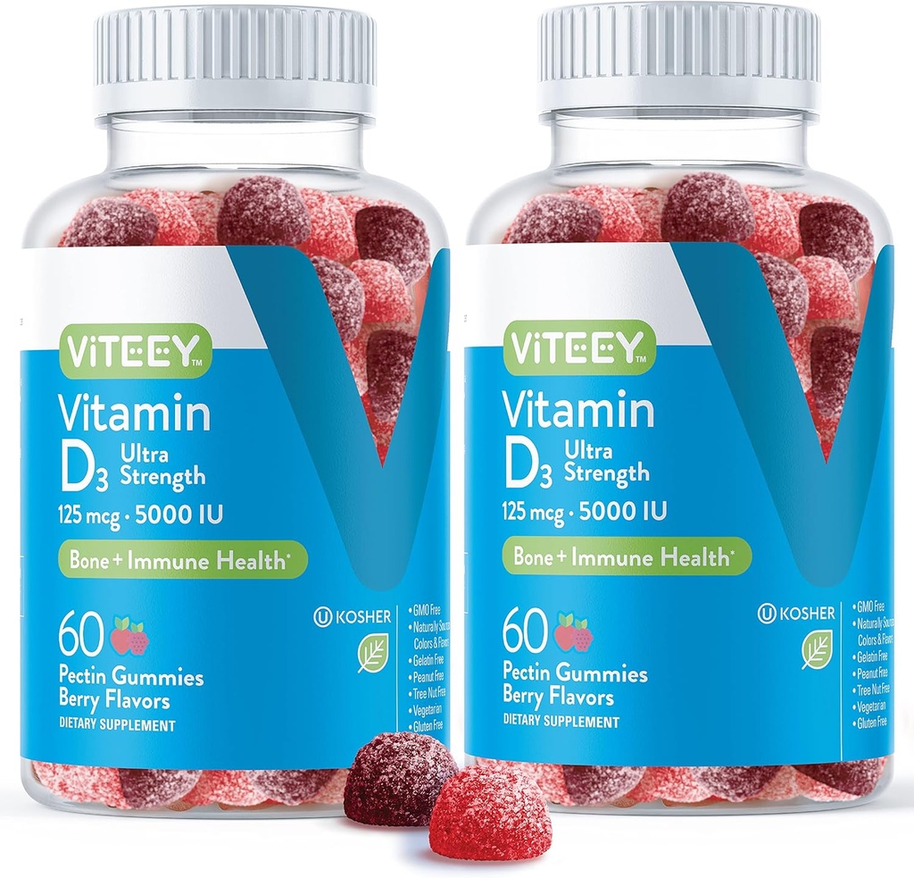 Yetişkinler ve gençler için Viteey Vitamin D3 Gummies - 5.000 IU, 12506, Ultra Güçlü - Ortak & Kas Sağlığı, Immune Boost - Chewable Vitamin D Gummies - Vegetarian, Gelatin Free - Tasty Berry Flavored