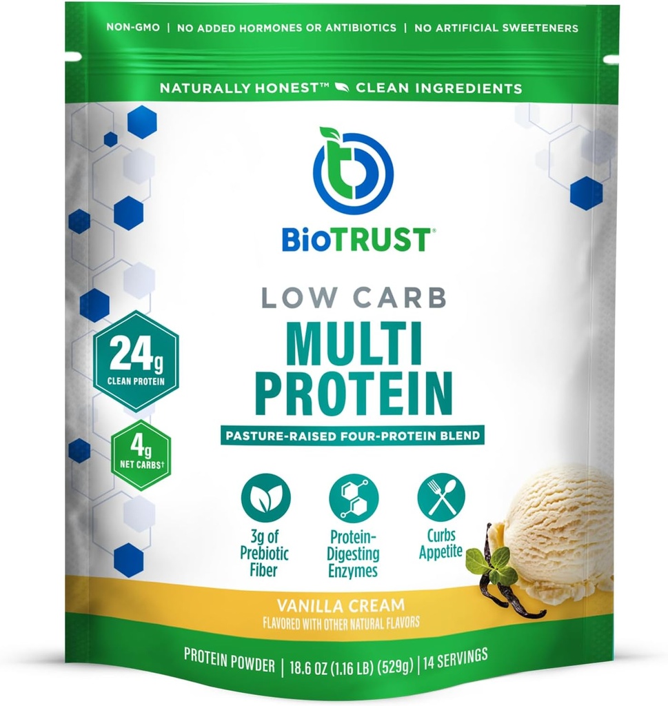 BioTrust Low Carb Protein Powder – Natural and Delicious Whey & Casein Blend from Grass-Fed Hormone Free Cows – Non GMO, Soy Free, Gluten Free, Hormone Free (Vanilla)