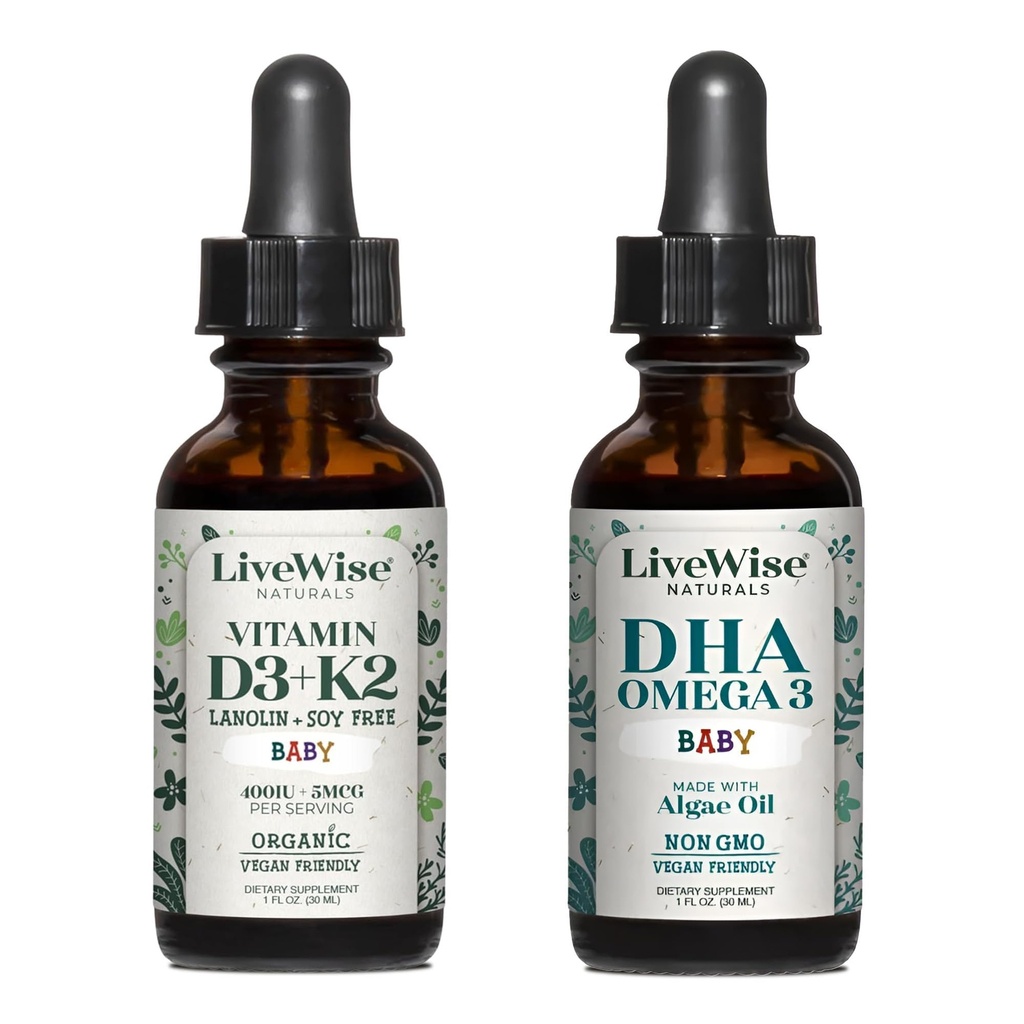 LiveWise Naturals Baby Duo–Vitamin D3+K2 & DHA Omega-3 Liquid Drops, Promotes Brain, Bone, Vision & Body Defense for Infants and Toddlers, Vegan-Friendly with Pure Orange Oil, Derived from Pine Trees