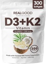 Real Good Essentials Vitamin D3 K2, Essentials D3+K2 (MK7) Coconut Oil 300 Softgels, with Vitamins D & K (1)