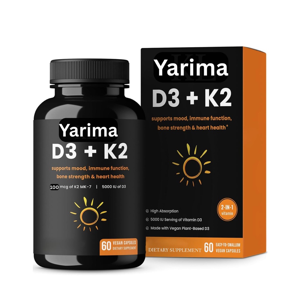 Yarima Vitamin D3 + K2 with Coconut Oil – 5000 IU Vegan D3 & MK7 K2 100 mcg – Supports Calcium Absorption, Bone & Cardiovascular Health – Immune Support for Women and Men – Non-GMO – 60 Capsules