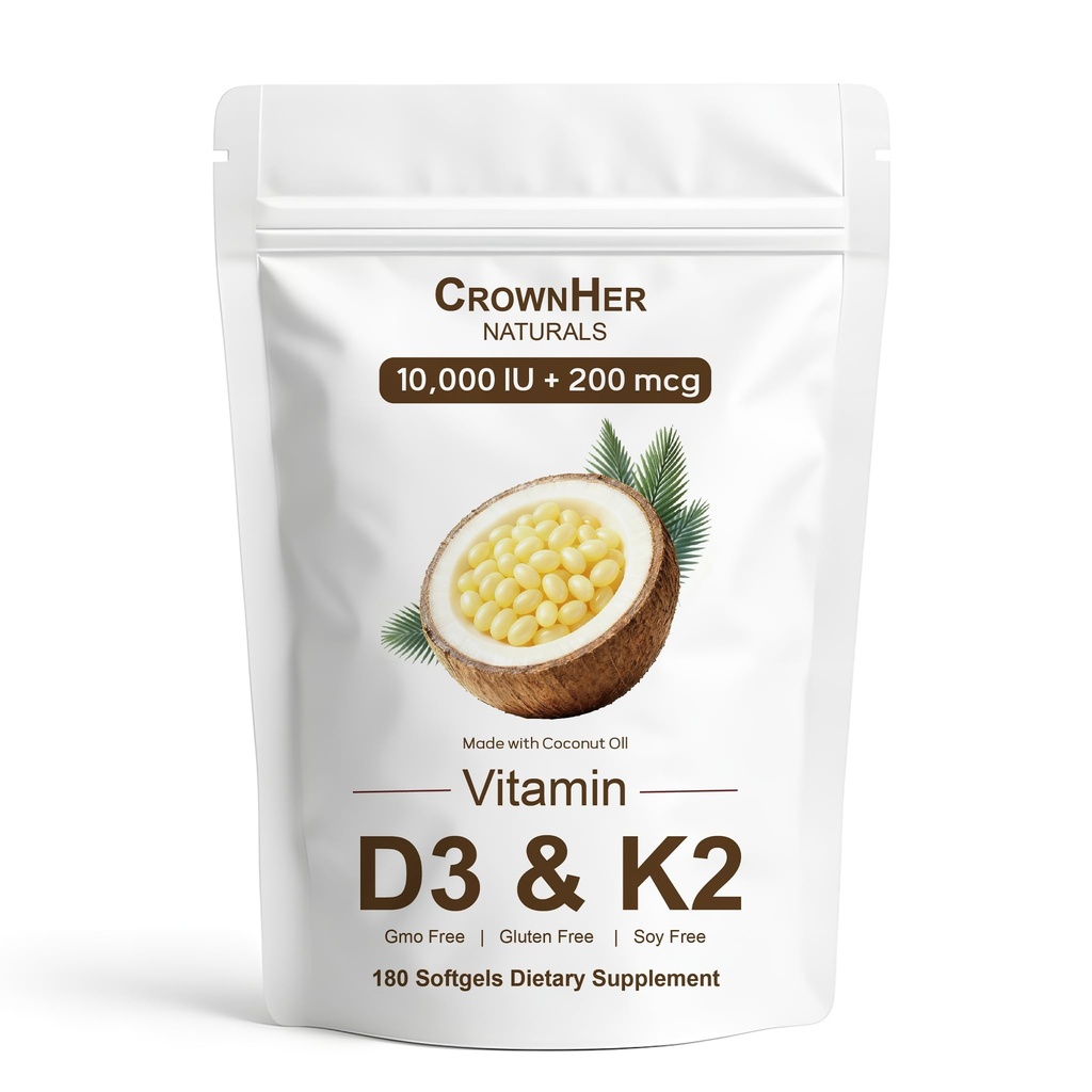 Naturals D3 K2, Essentials Vitamin D3 K2, Vitamin D3 K2 10000 IU+ K2 200 mcg MK-7, Coconut Oil, Extra Strength, Bone & Immune Support, 180 Softgels