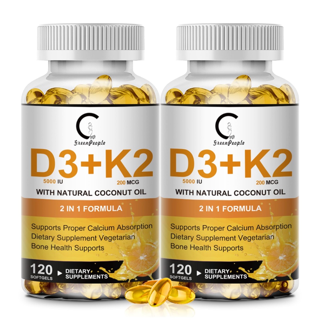 Vitamin D3 K2 Supplement with Vitamin D3 5000 IU, 200 mcg Vitamin K2 MK-7 & Natural Coconut Oil, Plant Based 2-1 Formula for Bone, Teeth, Muscle and Immune Health Support (120 Count (Pack of 2))