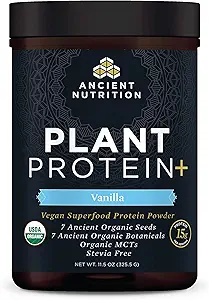 Ancient Nutrition Organic Plant Protein +, Vegan Plant Based Protein Powder, Vanilla, Formulated by Dr. Josh Axe, Dairy-Free, Gluten-Free, Non-GMO, No Sugar Added, Παλαιοφιλικό Συμπλήρωμα 11,5 oz