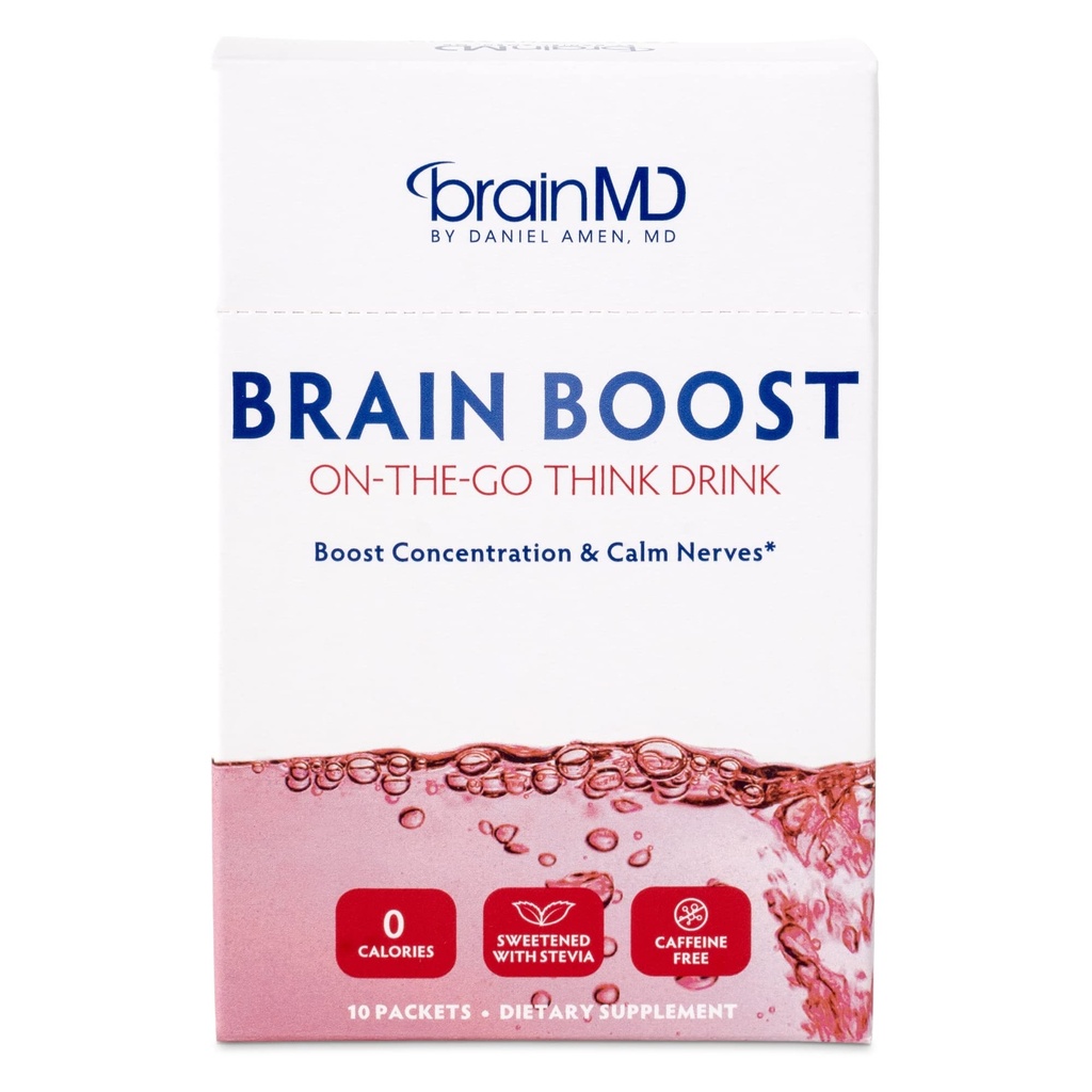 BRAINMD Dr Amen Brain Boost On The Go - 10 Packets, Berry Flavor - Nootropic Drink Toz, Promosyonlar Focus, Clarity & mental Energy - Caffeine Free, Gluten Free - 10 hizmet