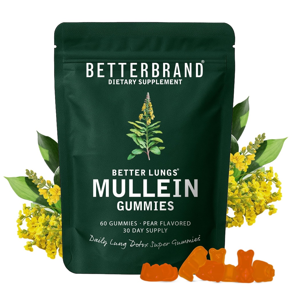 Betterbrand Mullein Gummies for Lungs – 1000mg συμπλήρωμα βοτάνων για Lung Detox & αναπνευστική υποστήριξη – Pear Flavor Chewable Breatheasy Gummy – 30 ημέρες προσφοράς