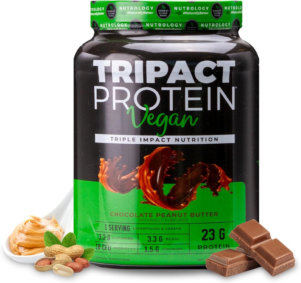 Nutrology TRIPACT Vegan Protein Tozu - Organik Pea, Rice & Riley Protein, BCAAs & Glutamine Plant-Based Mealchange Shakes for Muscle Recovery & Immunity, Chocolate Peanut Butter, 20 Servisler