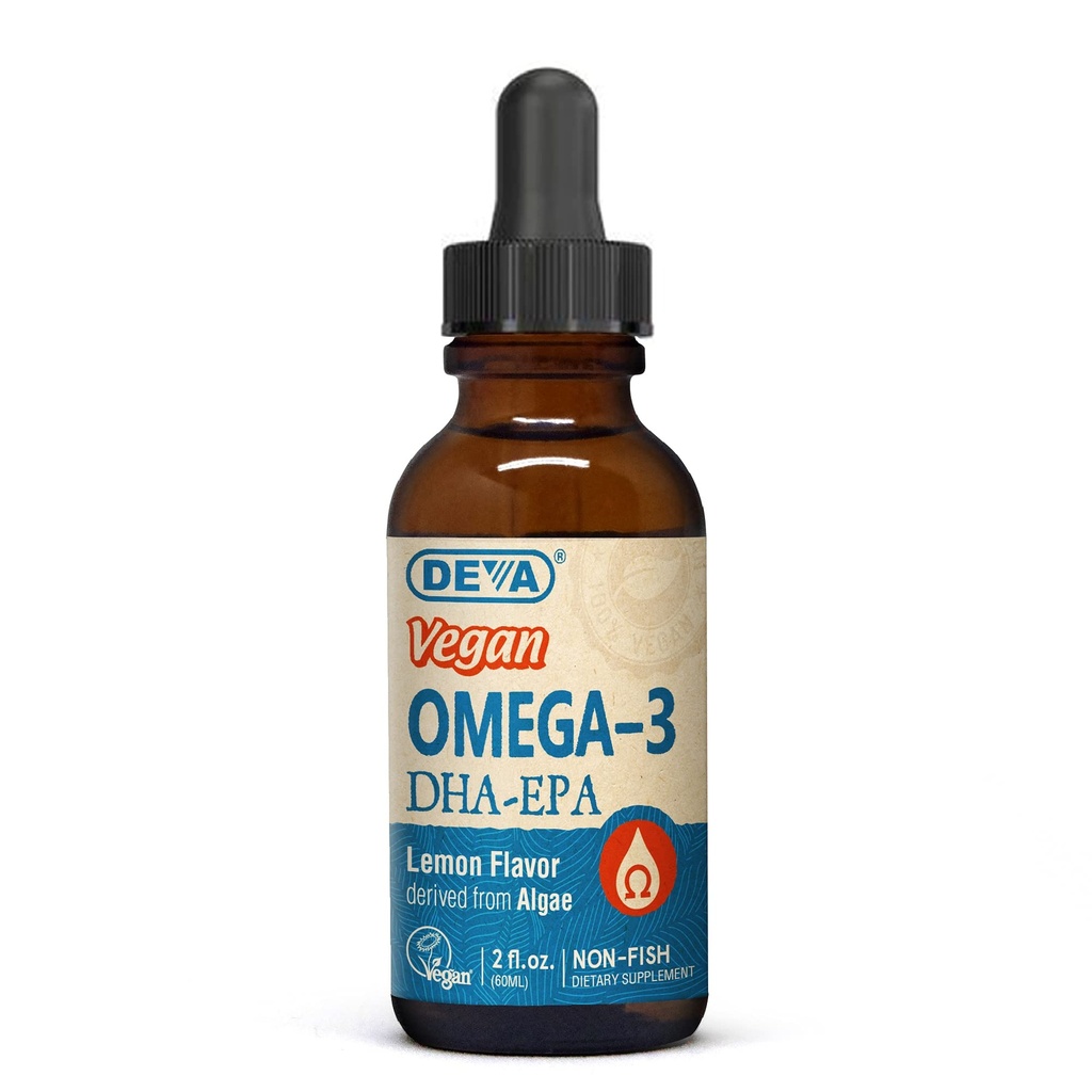 DEVA Vegan Omega-3 Liquid DHA - EPA, Non Fish from Algae, Lemon Flavor, 2 Ounce
