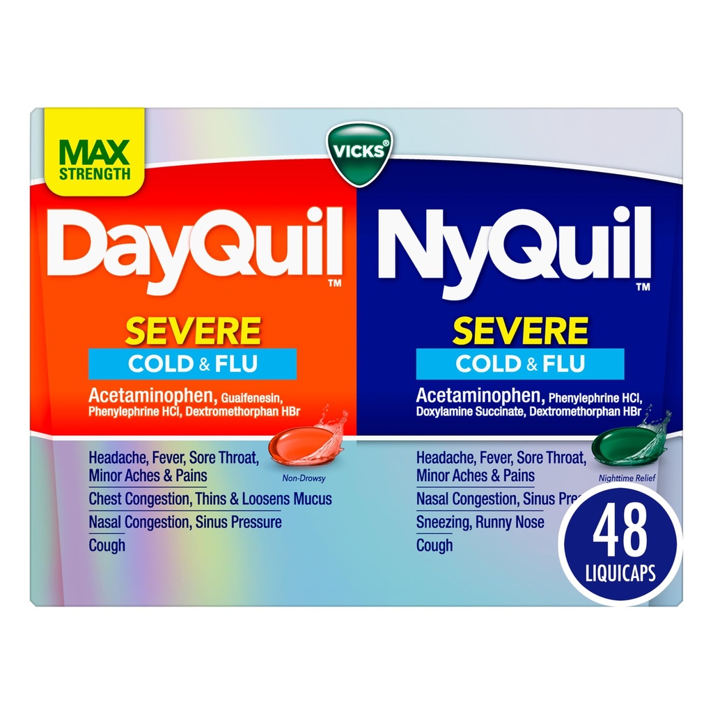 VICKS DayQuil & NyQuil SEVERE Co-Pack, Cold & Flu Medicine, Powerful Relief for Headache, Fever, Sore Throat, Minor Aches & Pains, Congestion, Sinus Baskı, Thingsy Nose ve Cough, 48 LiquiCaps