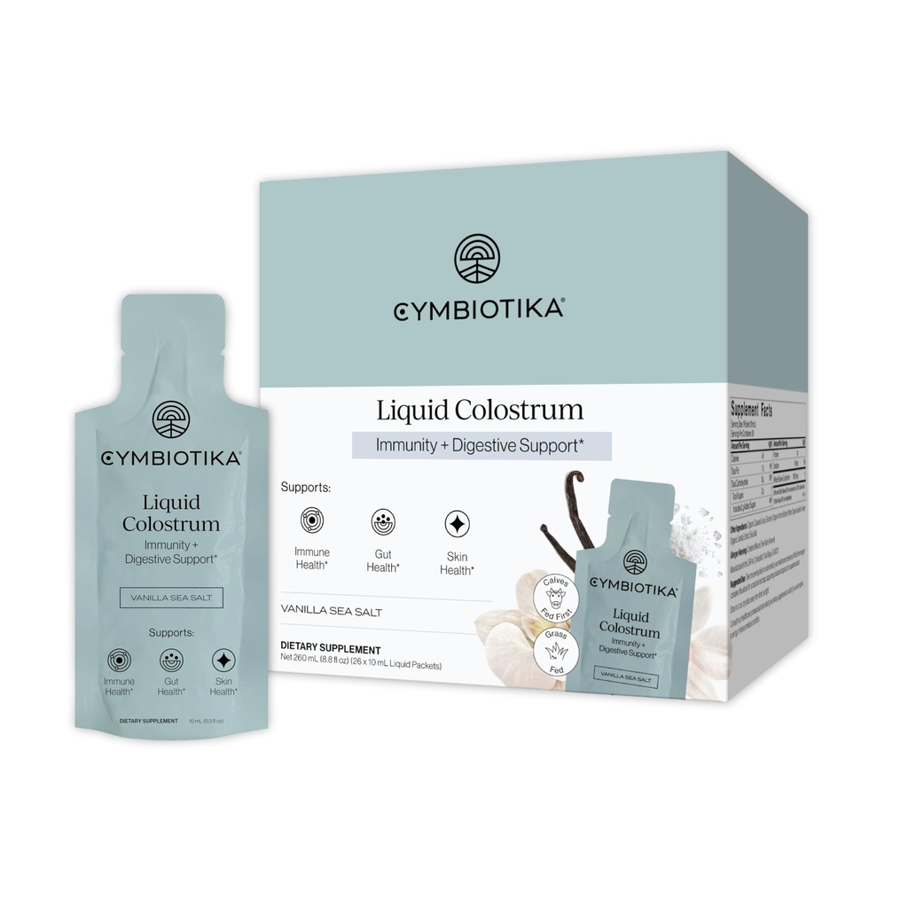 CYMBIOTIKA Liquid Colostrum, 1.5g Full Spectrum Colostrum, Grass-Fed Bovine Colostrum for Gut Health, Immune Support, Skin & Recovery, Sea Salt Vanilla Flavor, 26 Daily Packets (Single Pack)