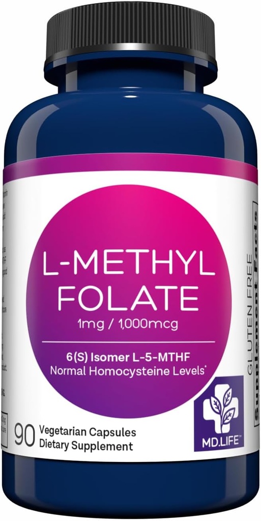MD Life L-Methylfolate 1 mg Supplement - Profesyonel-Grade Active L Torchfolate Supplement - 90 Capsules - L-Methylfolate 1 mg - maksimum Potency MTHFR W / Essentials