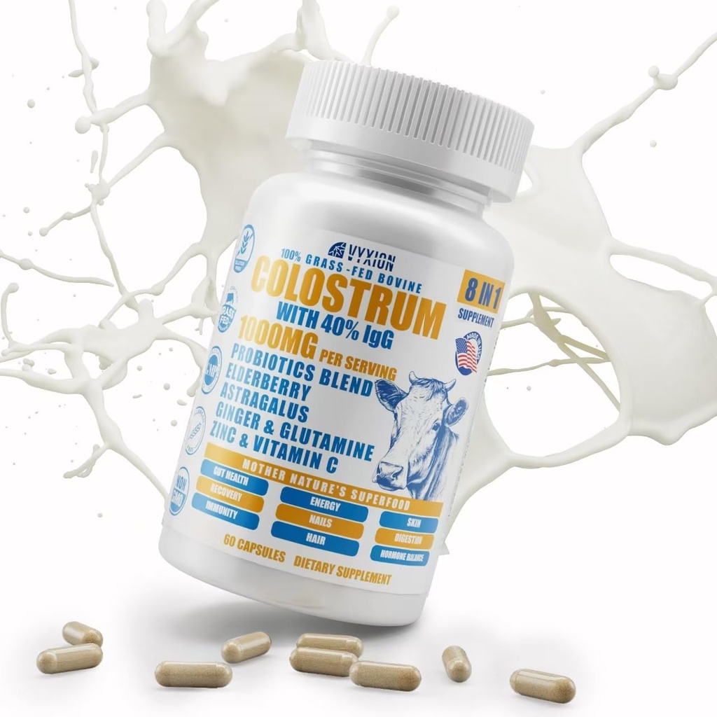 Vyxion Bovine Colostrum Supplement - Colostrum 1,000mg per Serving Contain 40% IgG Immunoglobulins, 8-in-One Formula for Overall Health-Enhancing | Vegan, Non-GMO | 60 Capsules
