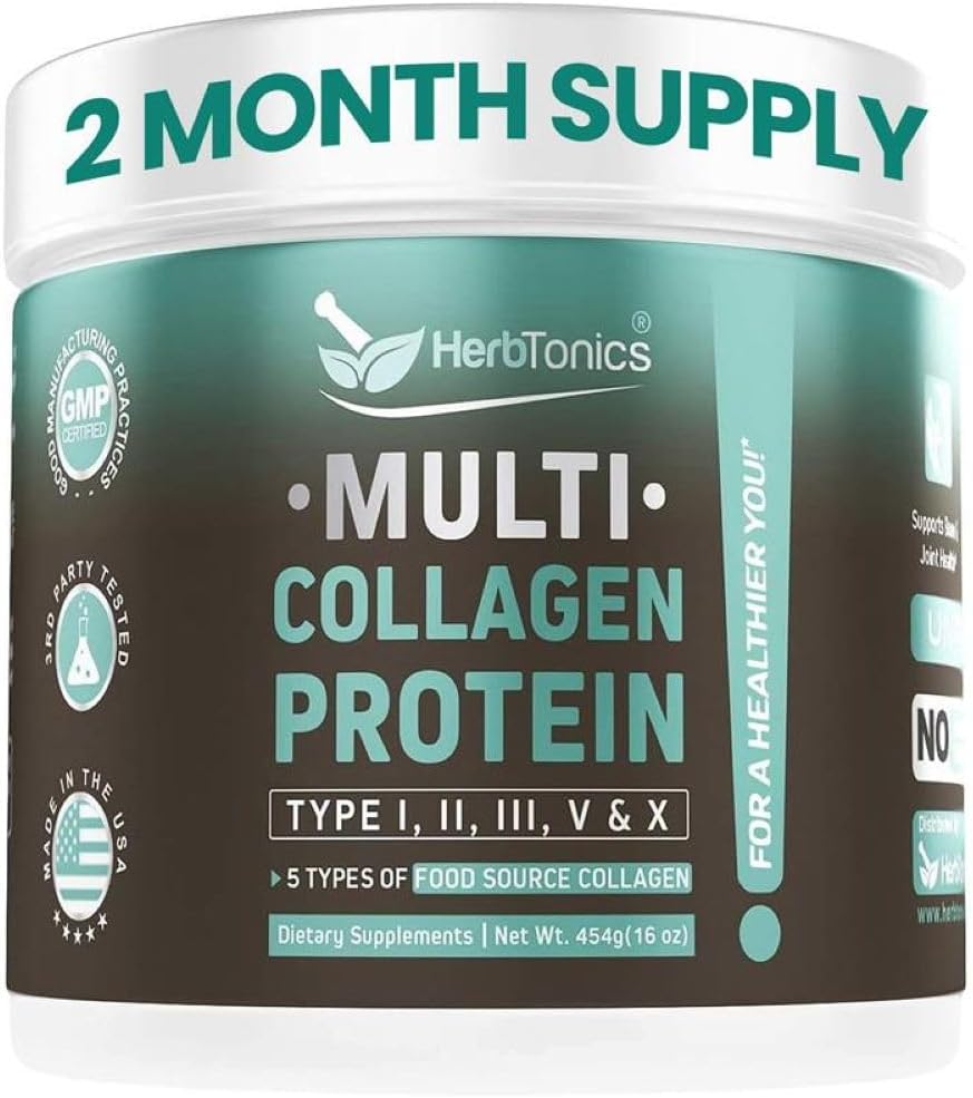Herbtonics Multi Collagen Protein Powder - Grass-Fed Collagen Peptides (Τύπος 1, 2, 3, 5, 10) για την υγεία των αρθρώσεων, του δέρματος και των οστών.