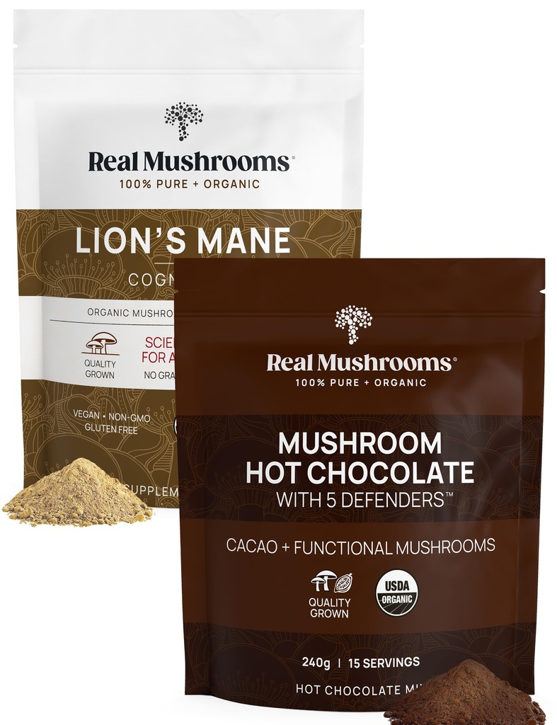 Real Mushrooms Hot Chocolate Mix (15 hizmet) ve Lion's Mane (60 Hizmet) Toz Sche - Günlük Immunity & Cognition Support - Gluten-Free, Non-GMO, Vegan