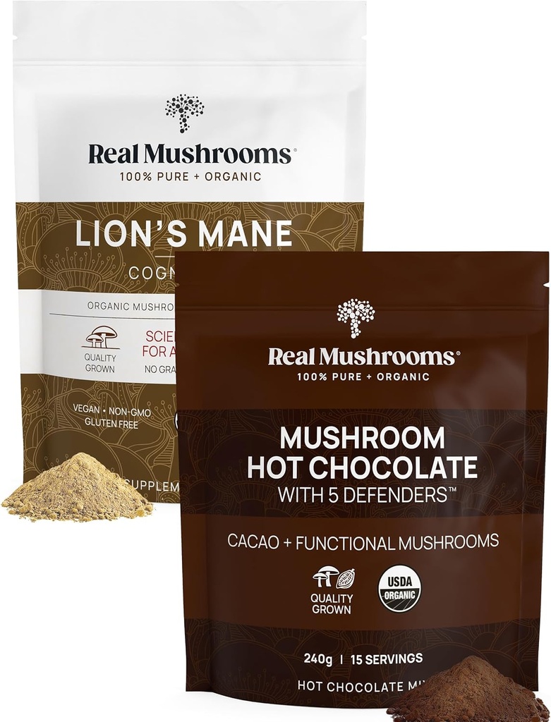 Real Mushrooms Hot Chocolate Mix (15 hizmet) ve Lion's Mane (60 Hizmet) Toz Sche - Günlük Immunity & Cognition Support - Gluten-Free, Non-GMO, Vegan