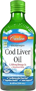 Carlson - Cod Liver Oil, 1100 mg Omega-3s, Plus Vitaminleri A ve D3, Vahşi Caught Norveç Arctic Cod Liver Oil, Sustainable Sourced Nordic Fish Oil Liquid, Green Apple, 250 mL (8.4 Fl Oz)