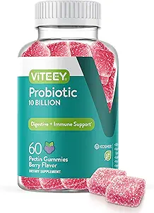Viteey Probiotic Gummies for Women, Men, & Teens - Μέγιστη Δύναμη 10 Δισεκατομμύρια κύτταρα - Προβιοτικά για Digestive Υγεία, Ανοσολογική Υποστήριξη - Χορτοφαγική, Ζελατίνη Δωρεάν, GMO Δωρεάν - Μασώμενα Berry Γεύση