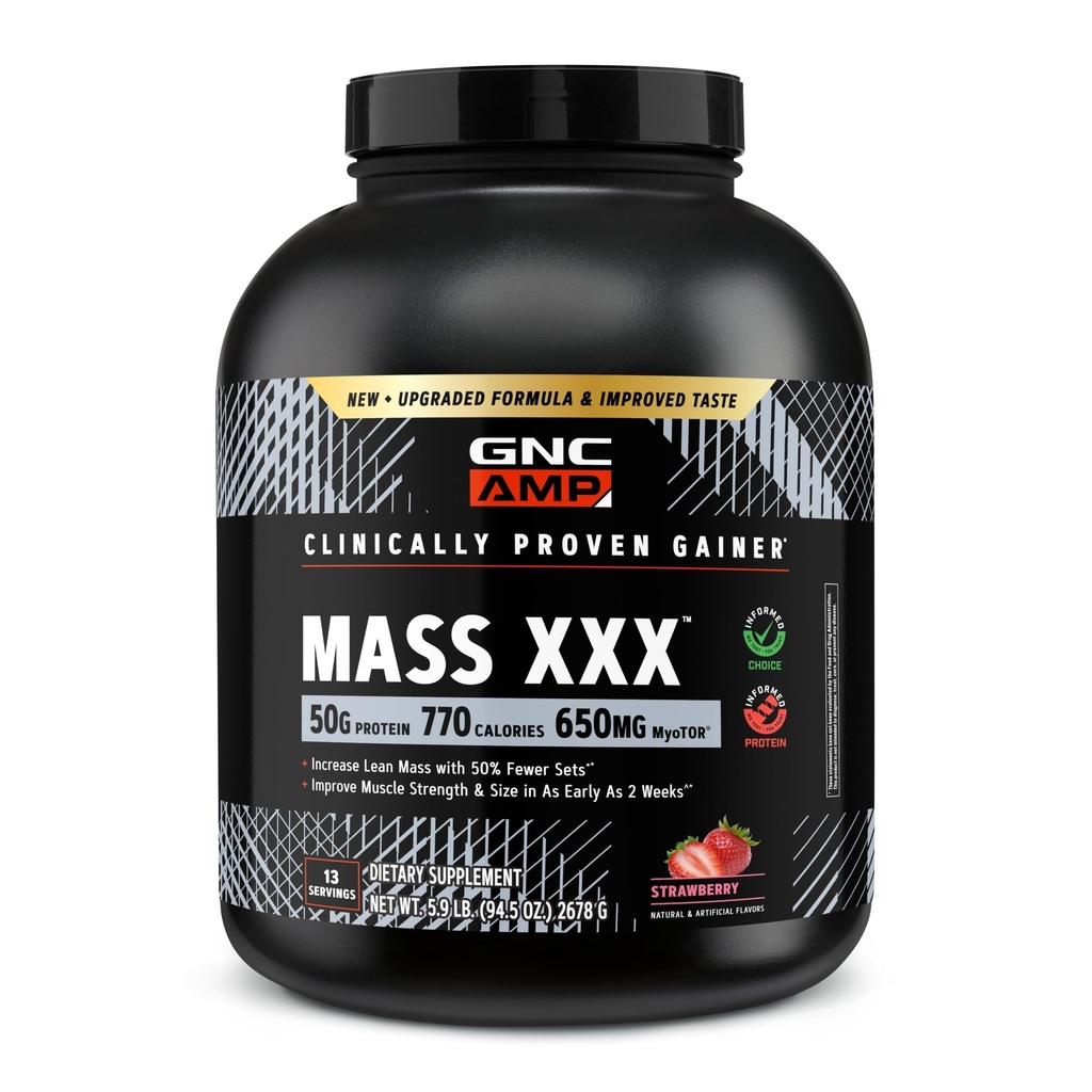 GNC AMP Mass XXX with MyoTOR - Delicious Protein Powder for Active Lifestyles - Clinically Tested Formula - Elite Sports Nutrition - Gluten-Free - Strawberry - 96.1 oz (13 Servings)