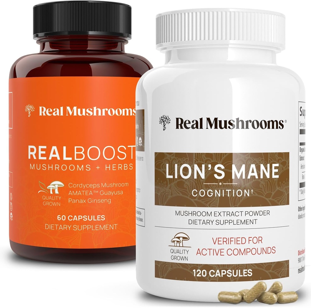 Gerçek Mushrooms RealBoost (60ct) ve Lions Mane (120ct) Capsules Sche - Enerji, Vitality & Cognition - Energy & Brain Vitamins w/Cordyceps, BTC, Guayusa - Vegan, Non-GMO