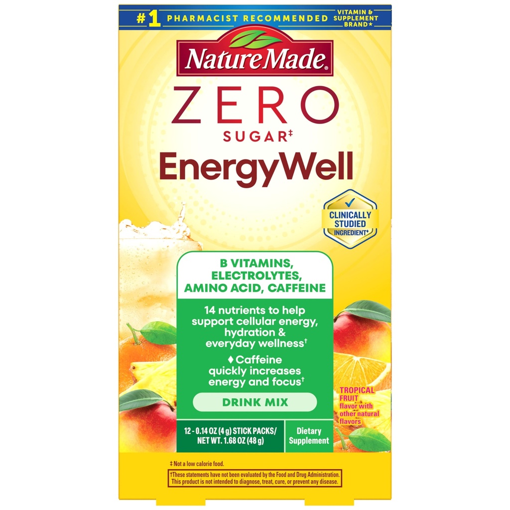 Nature Made Zero Sugar EnergyWell Drink Mix, Caffeine, B Vitamins and Electrolytes Powder, Energy & Hydration Support, 12 Sugar Free Drink Mix Packets, 12 Day Supply