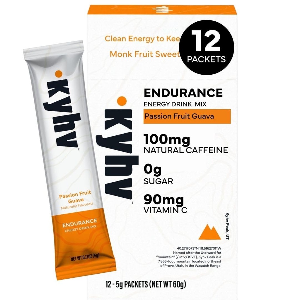 Endurance Energy Drink Mix, Passion Fruit Guava - Clean Energy Powder, Electrolytes, B Vitamins, 100mg Natural Caffeine, Green Coffee Bean, Zero Sugar, Hydration & Focus (12 Packets)