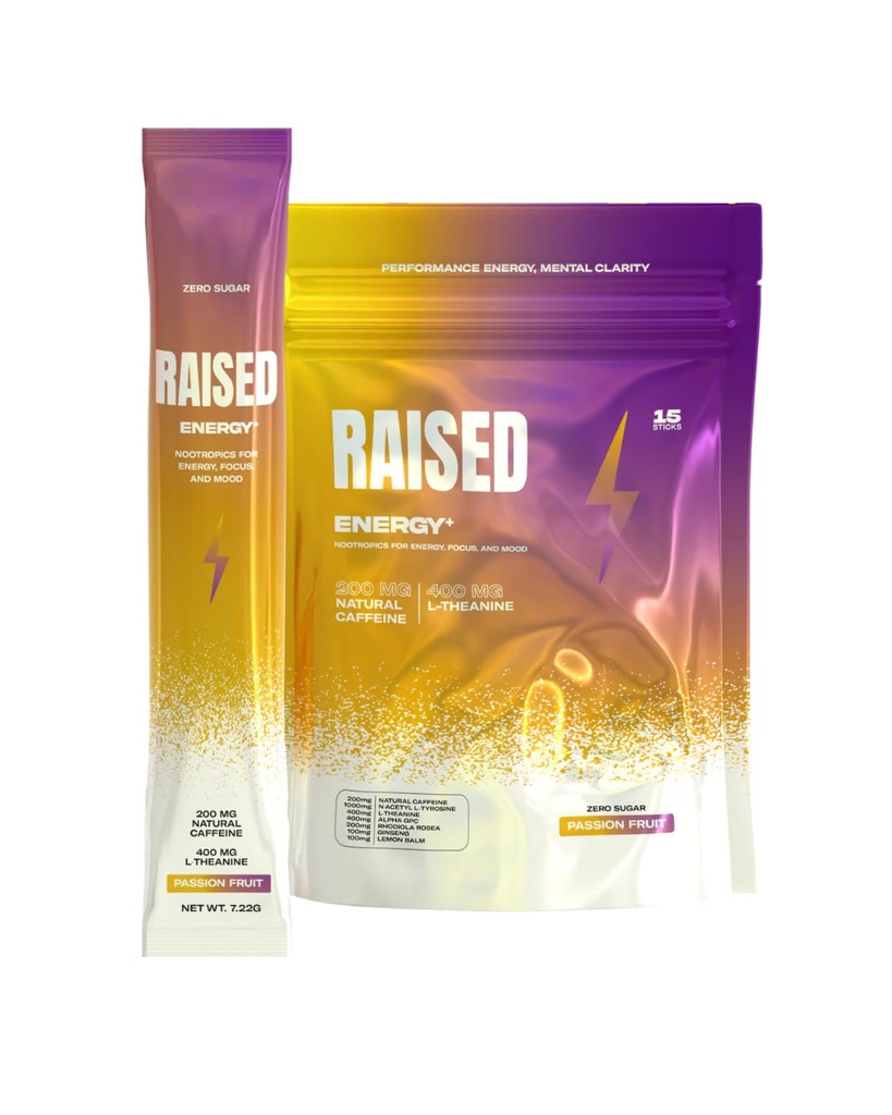 Raised Energy & Focus Drink Mix | 200mg Natural Caffeine + 400mg L-Theanine + Alpha GPC | Nootropic Brain Energy Supplement | Zero Sugar, No Sucralose | Memory, Mood & Cognition | 15 Stick Packs