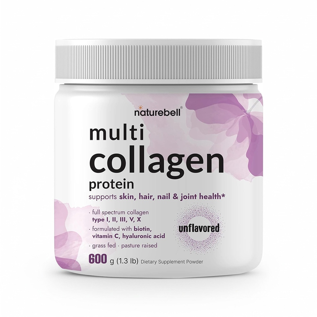Multi Collagen protein Toz 600g - 5 Tip (I, II, III, V, X) Grass-Fed & Pasture-Raized | with Biotin 5000mcg, C & Hyaluronic Acid | DW, Paleo, Unflavored (54 hizmet)