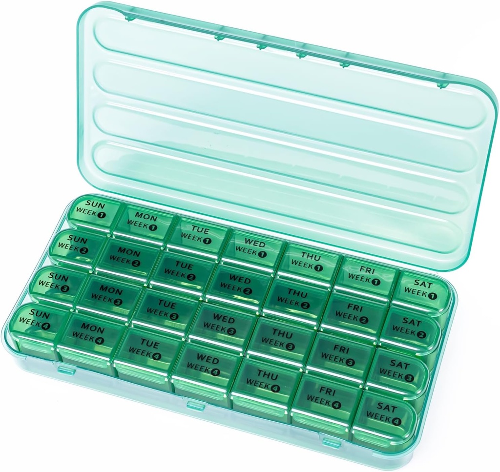 28 Günlük Pill Organizer - 4 Hafta Pill Box 1 Bir Gün, 7 Günlük Tıp Organize Kutusu, Seyahat Pill Konteyneri Vitamin, Fish Oil (Olive Green)