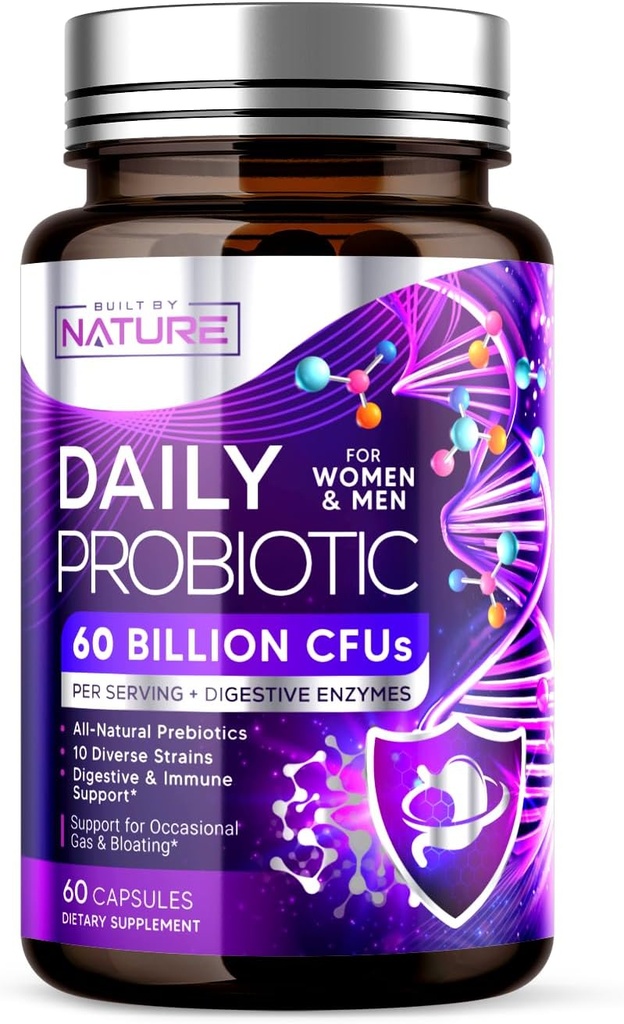 Nature Probiyotik for Women & Men – 60 Milyar CFU, 10 Strains + Prebiyotiks & Digestive Enzymes – Supports Digestive, Immune, Reduce Gas & Bloating – Raf Stable, Non-GMO - 60 Capsules