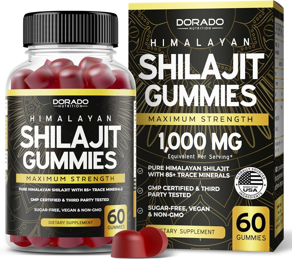 Erkekler ve Kadınlar için Shilajit Gummies 1000 mg (High Potency Gold Grade with 85+ Trace Minerals with Fulvic Acid) - Energy & Immunity Support - Third Party Tested, Non GMO, Vegan & Made in USA - (60 Gummies)