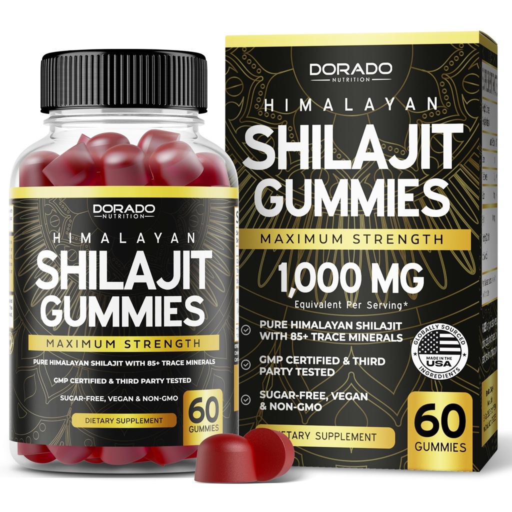 Erkekler ve Kadınlar için Shilajit Gummies 1000 mg (High Potency Gold Grade with 85+ Trace Minerals with Fulvic Acid) - Energy & Immunity Support - Third Party Tested, Non GMO, Vegan & Made in USA - (60 Gummies)