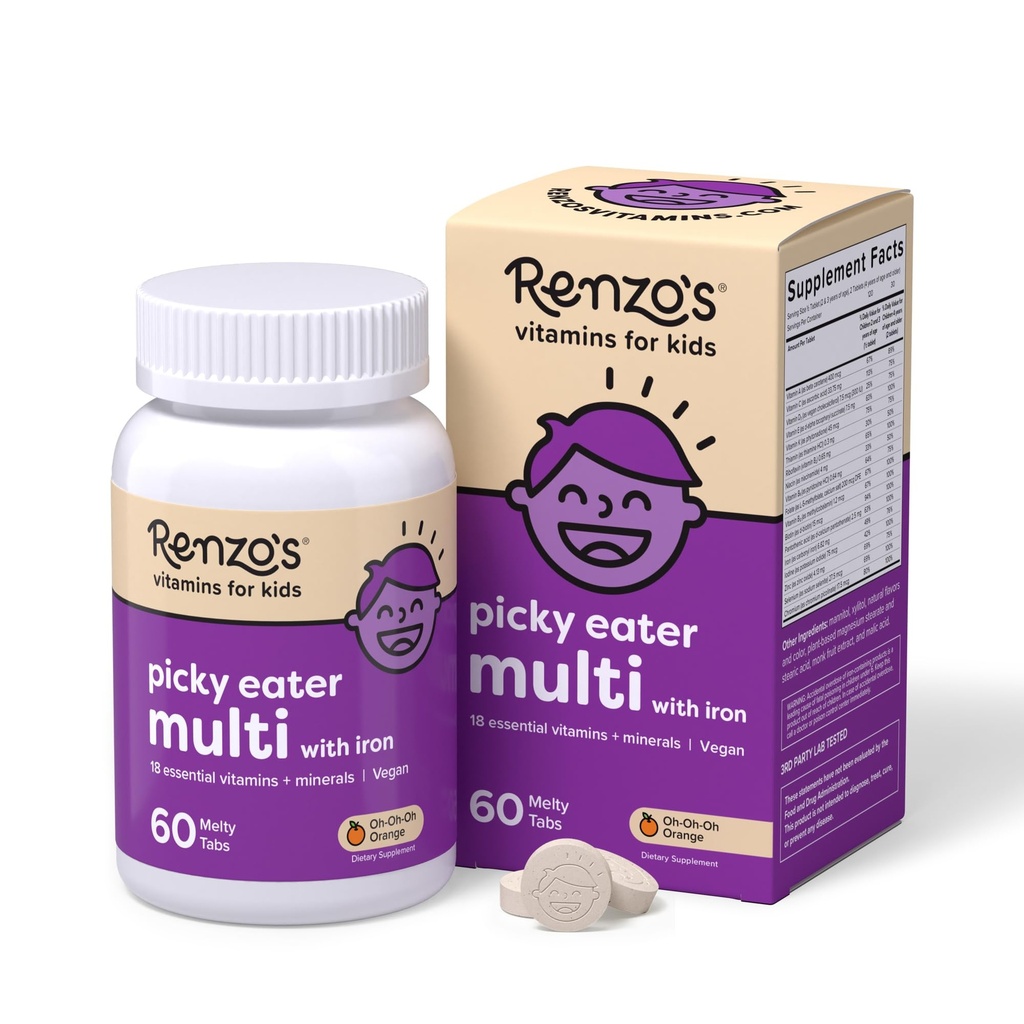 Renzo's Picky Eater Kids Multivitamin with Iron - Dissolvable Kids Vitamins with Iron, Zinc, Vitamin C, Vitamin D, E & K, Sugar-Free Melty Tabs, Orange Flavor, 60-Count (1-2 Month Supply)