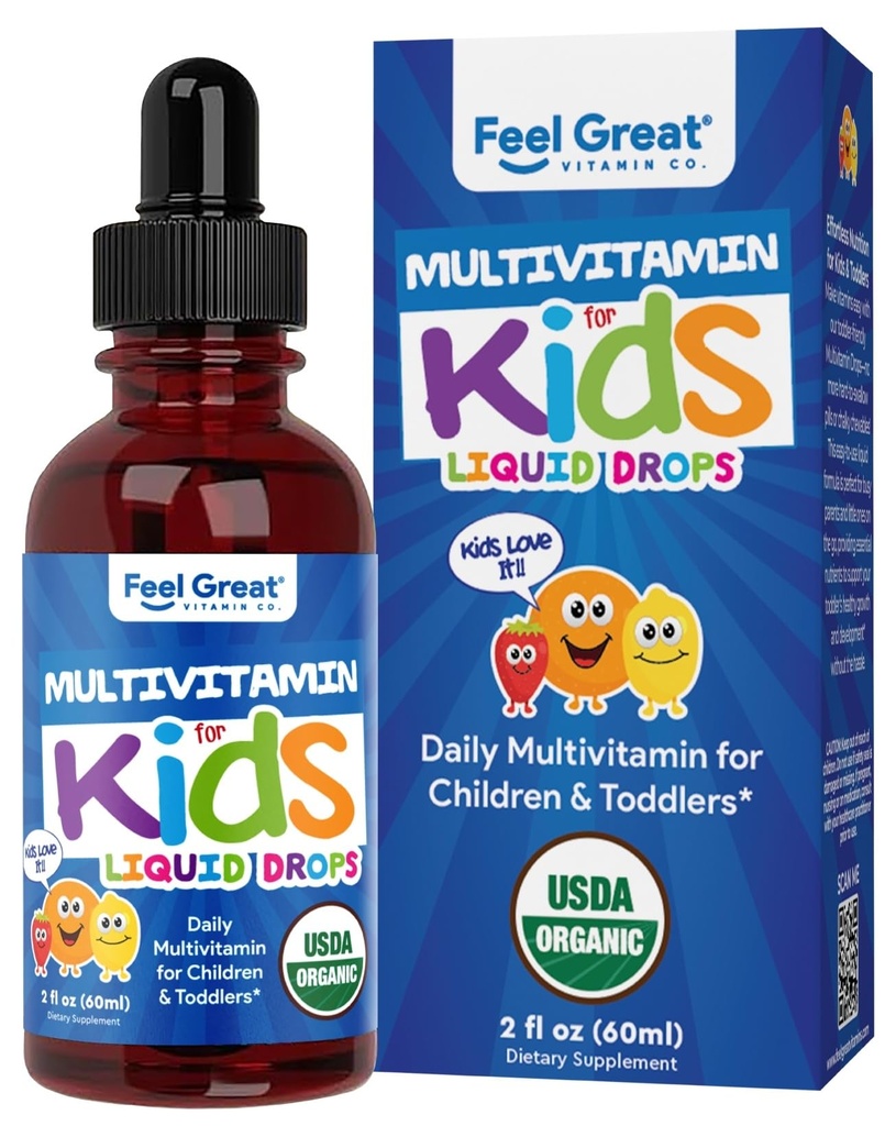 Feel Great Vitamins Organic Multivitamin Liquid Drops for Toddlers & Kids | Daily Essential Nutrients for Healthy Growth | No Iron, Sugar-Free | USDA Organic, Vegan, Non-GMO, Gluten-Free | 2 Fl Oz