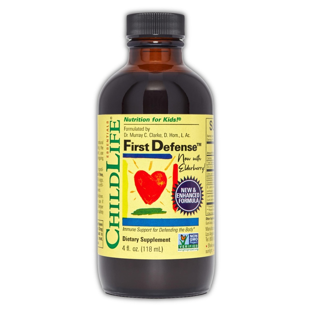 CHILDLIFE ESSENTIALS First Defense - Kids Immune Support, Immune Support for Kids, Toddlers 1-3, Babies 6 Months+, Vitamin Syrup with Elderberry, Zinc, Non GMO, Gluten Free - 4 Fl Oz (Pack of 1)