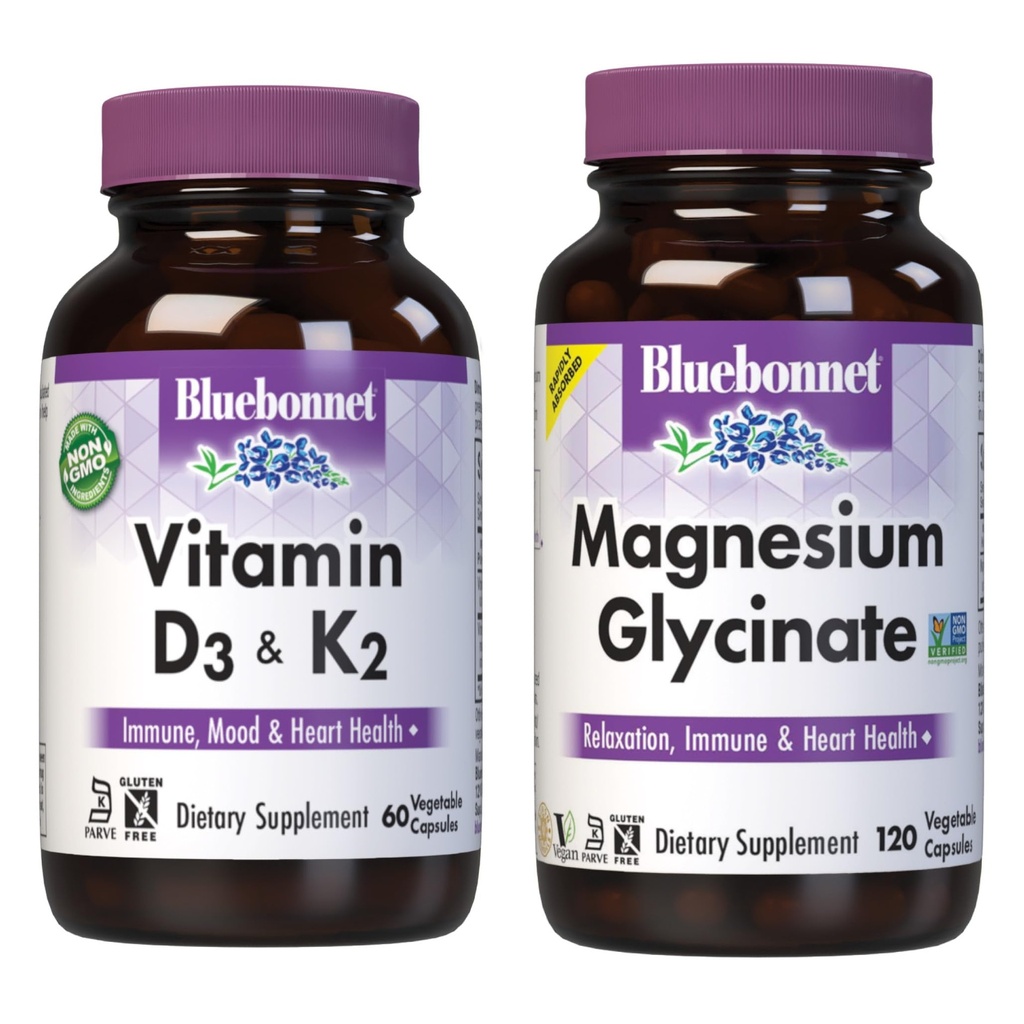 BlueBonnet Διατροφή Βιταμίνη D3 και K2, και Μαγνήσιο Γλυκινικό Καψάκιο Φυτικών