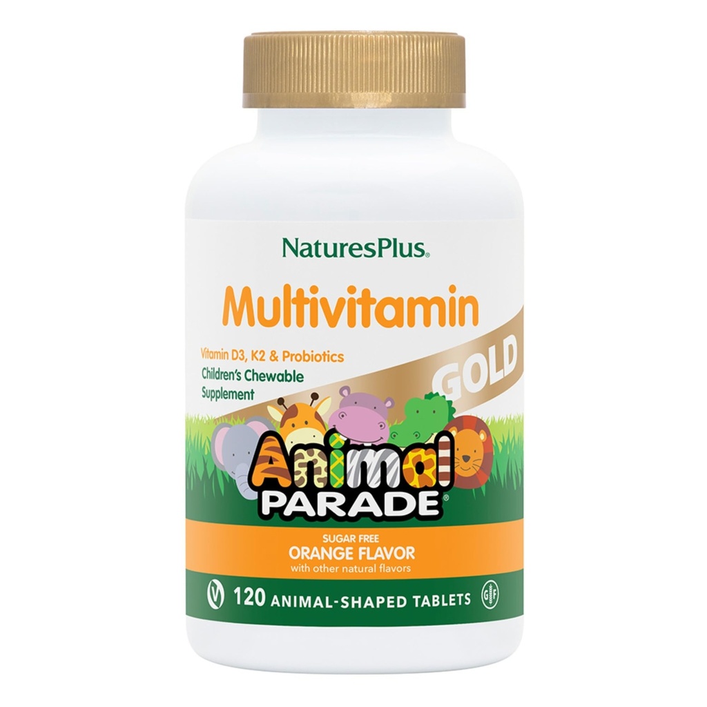 NaturesPlus Animal Parade Source of Life Gold Children's Multivitamin - Orange Flavor - 120 Chewable Animal Shaped Tablets - Immune Support Supplement - Gluten-Free - 60 Servings
