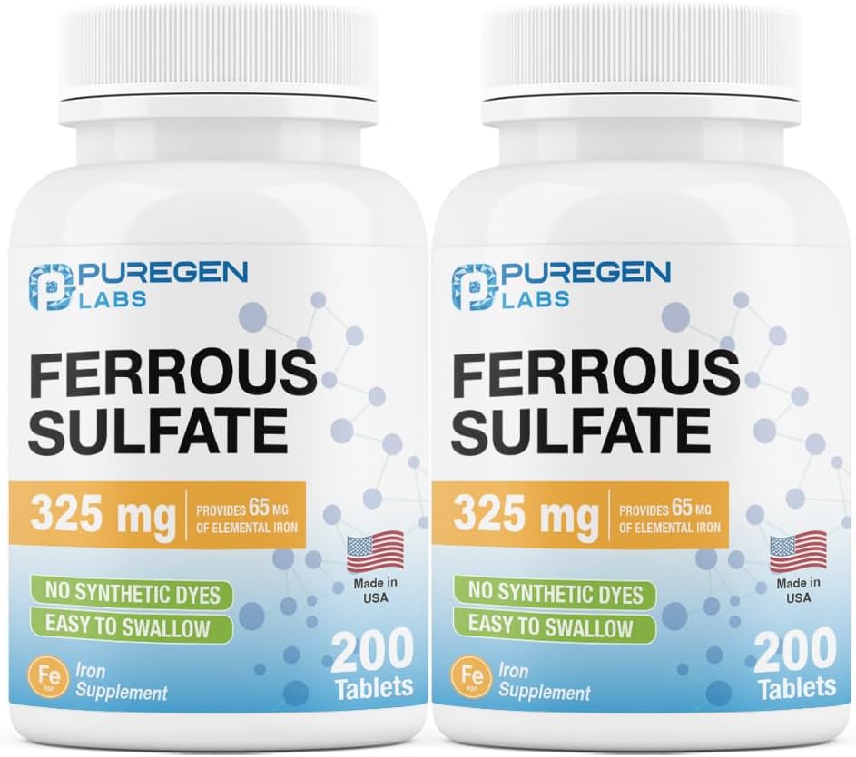Puregen Labs Ferrous Sulfate 325 mg (65 mg Elemental Iron) Yüksek Potency Iron Supplement | Yapay Renk Katkıları - ABD'de yapılan toplam 400 Tablet