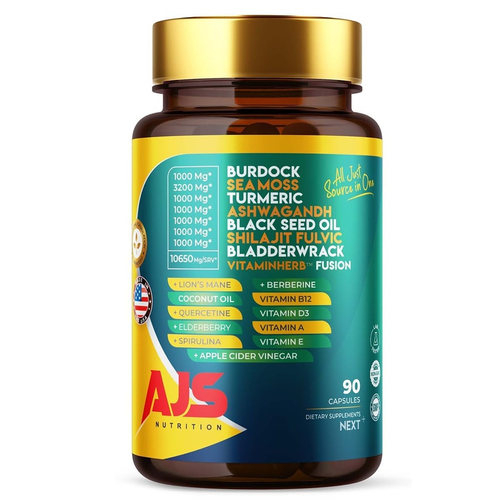 AJS Sea Moss Κάψουλες 3200mg, Himalayan Shilajit 1000mg με Μαύρο Λάδι Σπόρου, Ashwagandha, Turmeric, Bladderwrack, Burdock, Βιταμίνες, Βερβερίνη, Mane Mushroom Lion, Elderberry- 90 Caps