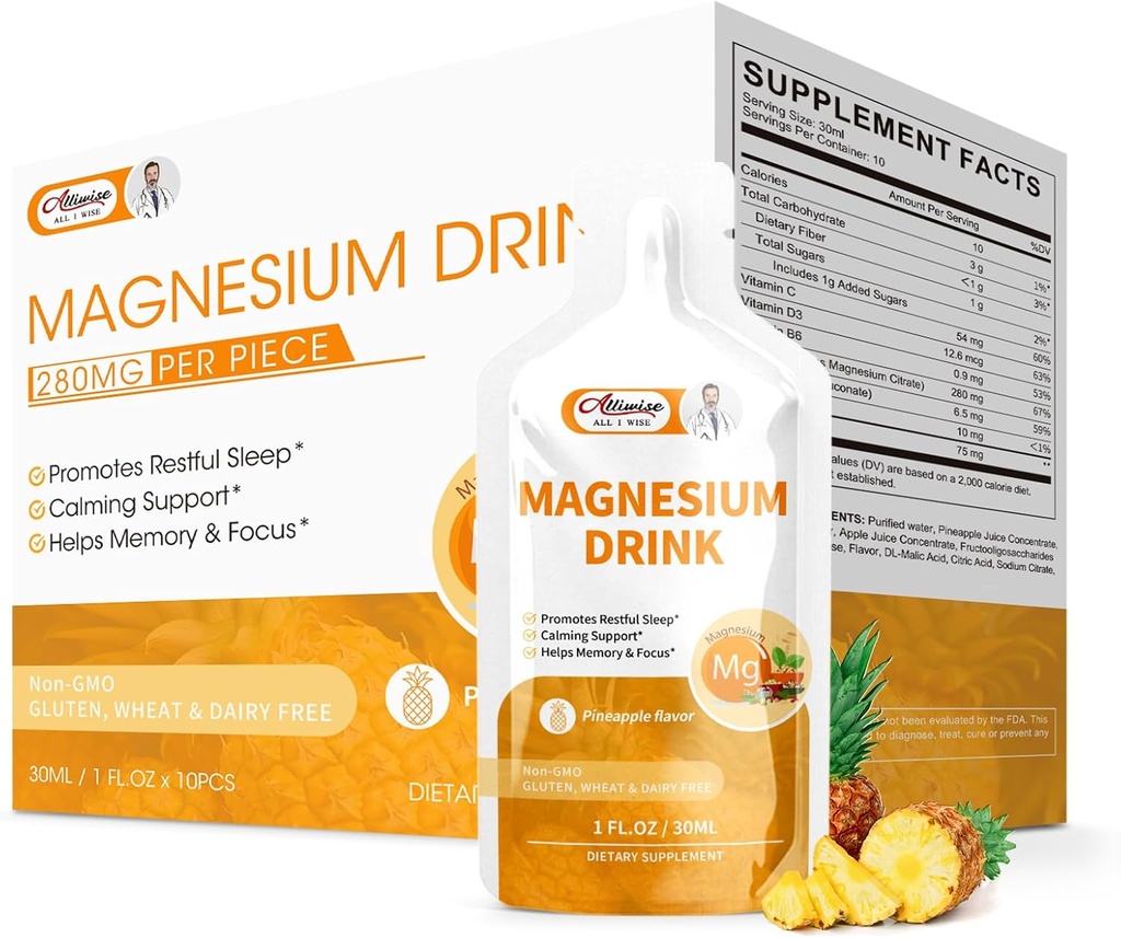 Magnezyum Citrate Liquid Magnezyum Immune, Bone Health and Zzz, Pineapple Flavor, 10 Fl Oz Oz
