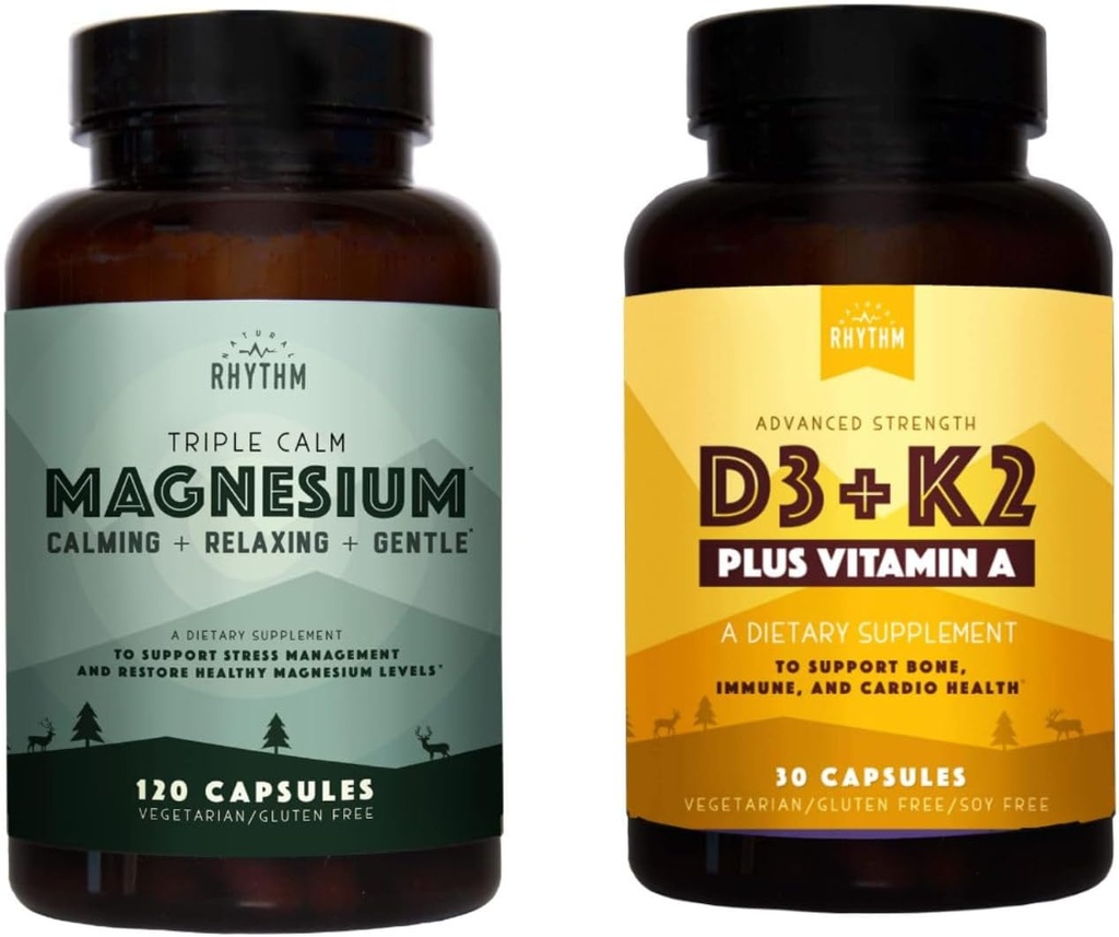 Φυσικός Ρυθμός Τριπλό Ηρεμία Μαγνήσιο 150 mg - 120 Κάψουλες – Συμπλέγματος Μαγνήσιου Συμπλήρωμα Σύμπλεξης W/Φυσικός Ρυθμός Βιταμίνη D3 + K2 (MK7) Συν Βιταμίνη Α, για Οστική, Καρδιά, & Ανοσολογική Υγεία, 30 Κάψουλες