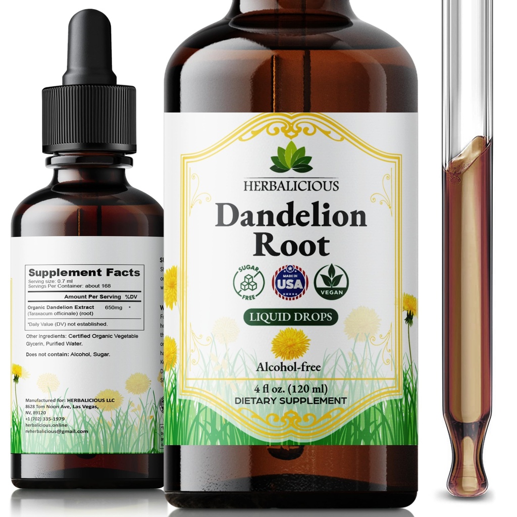 HERBALICIOUS Dandelion Root Extract Liquid Drops 4 oz (Alcohol Free) – Organic Dandelion Root Extract 650mg per Serving, Easy-to-Use Liquid Tincture with Vegetable Glycerin, 168 Servings