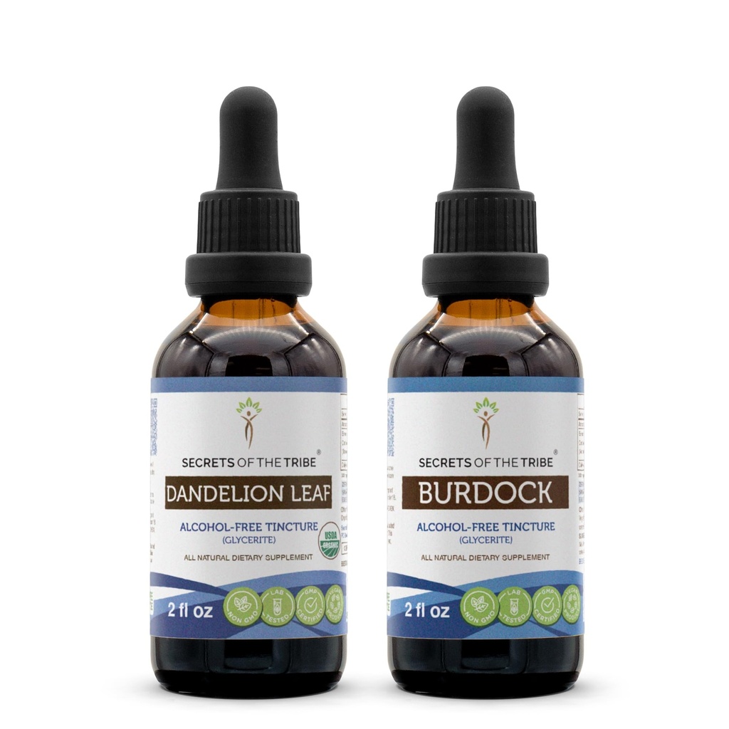 Dandelion Leaf USDA Organic and Burdock Liquid Extract (2 pcs.) | Alcohol-Free Tinctures | Organic Dandelion Leaf (Taraxacum Officinale) Dried Leaf and Burdock (Arctium Lappa) Dried Root (2x2 fl oz)