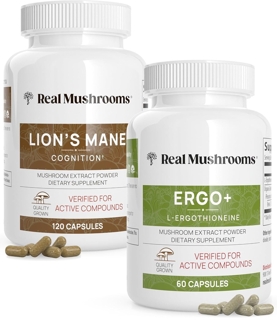 Ergothioneine (60ct) ve Lions Mane (120ct) Sche with Shiitake and Oyster Mushroom Extracts - Longevity and Cognition - Vegan, Gluten Free, Non-GMO