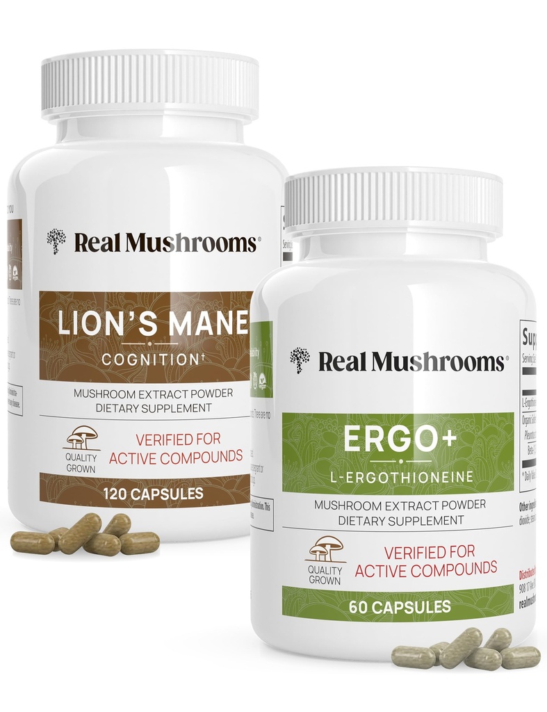 Ergothioneine (60ct) ve Lions Mane (120ct) Sche with Shiitake and Oyster Mushroom Extracts - Longevity and Cognition - Vegan, Gluten Free, Non-GMO
