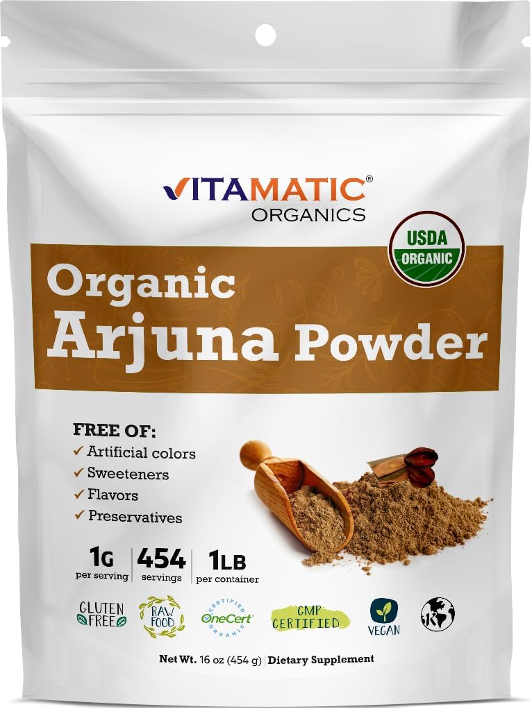 Vitamatic Sertifikalı USDA Organik Arjuna Bark Toz - 1 lb (16 oz) Pure Terminalia Arjuna Bark | Destekler Kalp Sağlığı, Circulation & Stres Yardım