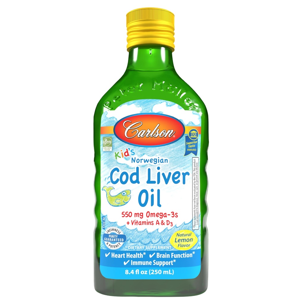 Carlson - Kid's Cod Liver Oil, 550 mg Omega-3s, Vitamins A & D3, Wild Norveç, Lemon, 250 mL